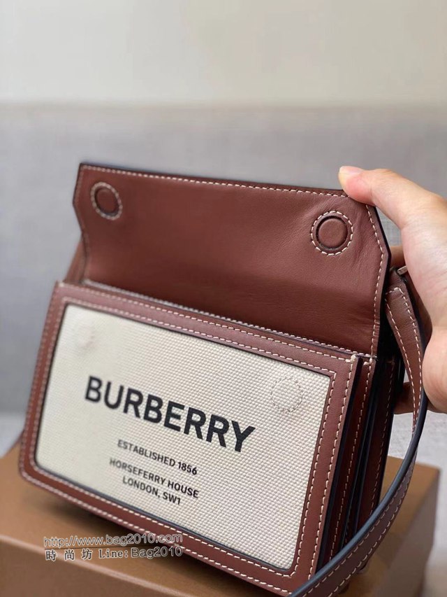 Burberry專櫃新款女包 白色帆布拼接小牛皮巴寶莉單肩斜挎包  db1026